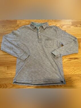 Faherty Brand Men’s Medium Gray Striped Long Sleeve Polo Shirt Pocket Casual Tee